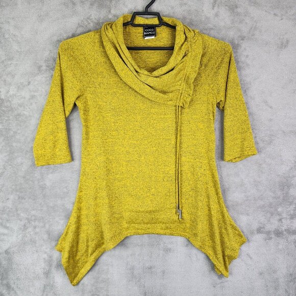 Women's Coco Bianco Yellow Asymmetrical Hem Tunic Top Cowl Neck Stretch Size L - Picture 2 of 10